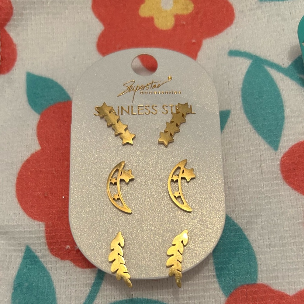 Celestial Gold Earrings Set with Lightning Moon and Star Designs